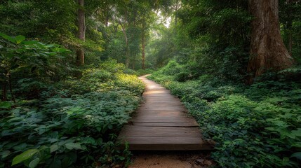 Obraz premium Serene Pathway Through Lush Green Forest with Sunlight Filtering Through Trees and Dense Foliage Inviting Exploration and Tranquility in Nature