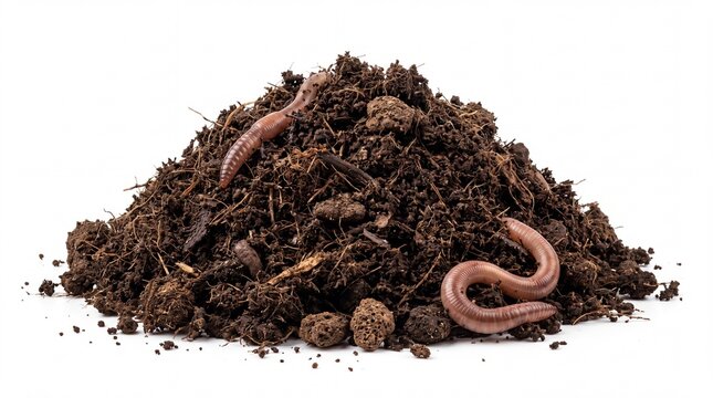 Rich, organic compost and peat moss soil pile containing two earthworms, isolated on a white background for gardening