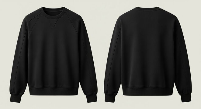 Black crew neck sweatshirt long sleeves raglan sleeve detail plain front and back views isolated