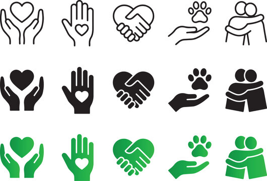 A set of charity, care, and support icons featuring hearts, hands, and hugging for nonprofit, community, and social welfare design projects.