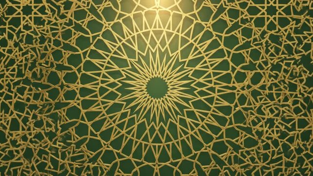 Abstract golden geometric pattern rotating on a green background, seamless loop.