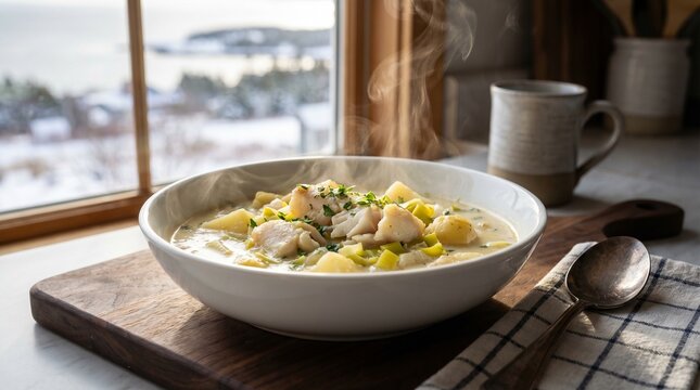 Canadian Food Nova Scotia Fish Chowder with Atlantic Haddock, Cream, Potatoes