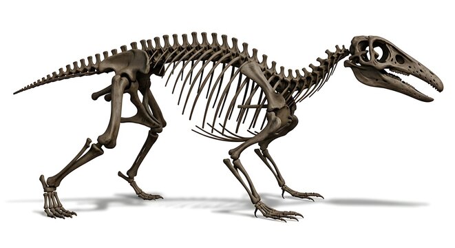 Detailed skeletal reconstruction of a bipedal dinosaur, showcasing its complete bone structure and ancient form.