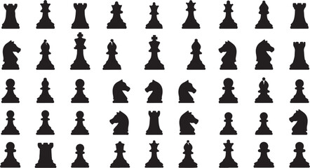 Collection of various black chess pieces arranged in rows and columns. © ulvaamelia