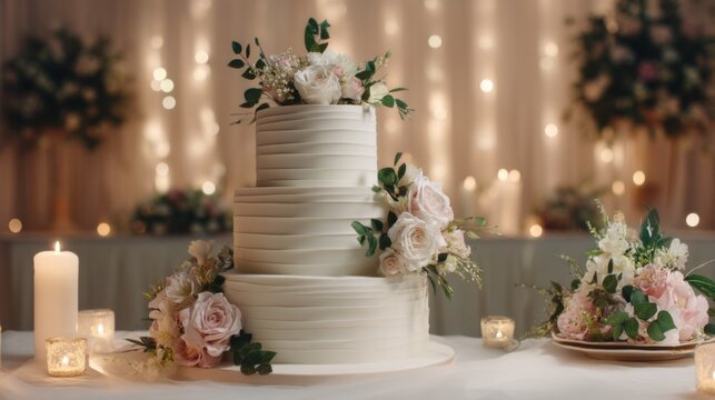 Elegant three-tier wedding cake adorned with fresh flowers and candles, set against a beautiful backdrop of soft lighting and romantic decor