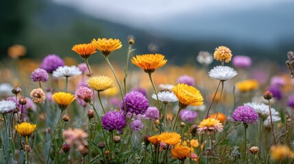 Obraz premium Vibrant Wildflower Meadow at Dusk with Colorful Blooms in Orange, Yellow, Purple, and White Under Soft Evening Light in a Scenic Landscape