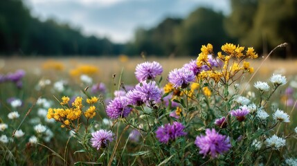 Fototapeta premium Vibrant Field of Wildflowers Blooming Under Soft Clouds with Gentle Sunlight Illuminating Nature's Colorful Beauty in Springtime Serenity