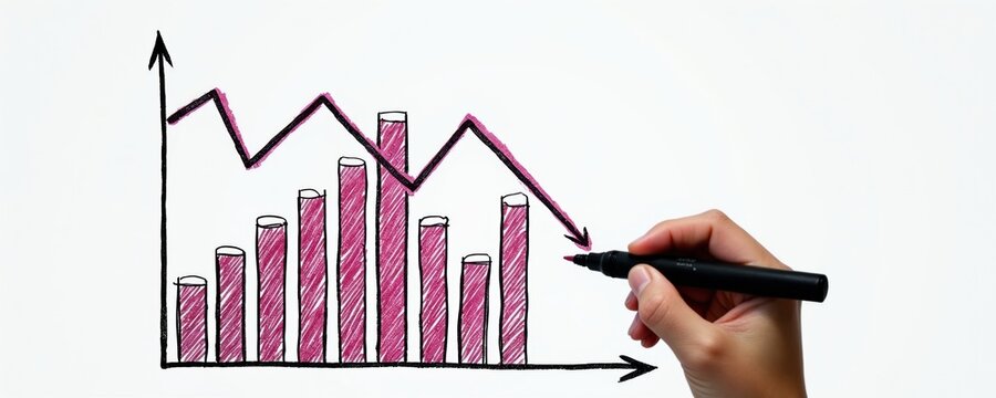 Hand draws falling bar graph with descending line. Shows economic crisis, market drop, business loss and financial decline. Represents negative data.