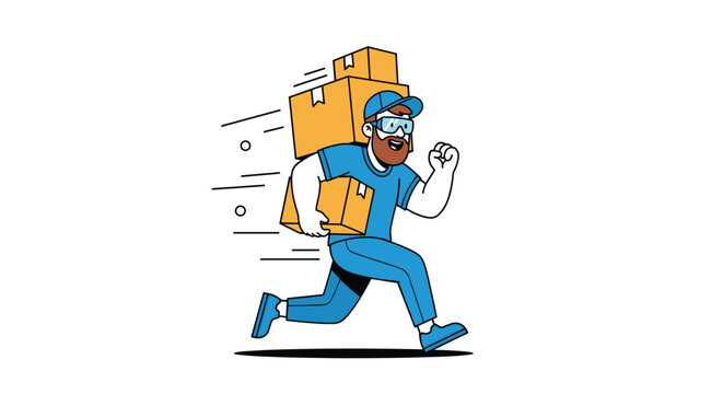 Energetic delivery man in a blue uniform running fast while carrying several cardboard boxes in a clean flat design style.