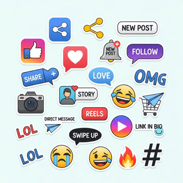 Social media marketing icons and engagement elements sticker collection