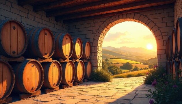 Wine cellar with stacked oak barrels opens through stone archway to Tuscan landscape at sunset. Winery interior view with vineyard hills, golden sunlight illuminating rural scenery. Aging wine in