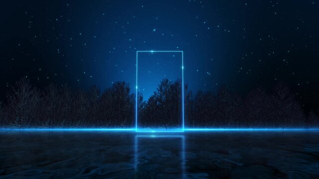 Futuristic neon blue rectangular frame glowing wall room reflective tiled floor tech, digital interface, VR portal rectangle border frame. 4k background . empty space border presentation design 3D