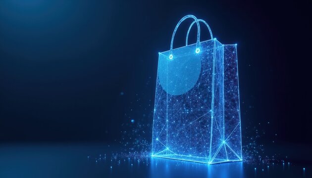Abstract digital shopping bag made of glowing blue lines and particles on dark background. Futuristic e-commerce concept for online retail and digital commerce.