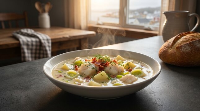 Canadian Food Nova Scotia Fish Chowder with Atlantic Haddock, Cream, Potatoes