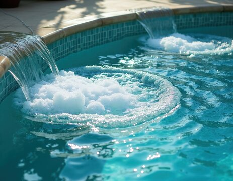 Clear blue water cascades into jacuzzi jets creating soft foam bubbles. Relaxing hydrotherapy pool with warm water and massaging jets offers ultimate leisure and calm.