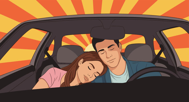Man and woman resting inside a car against a bright orange and yellow sunset sunburst background in a romantic scene.