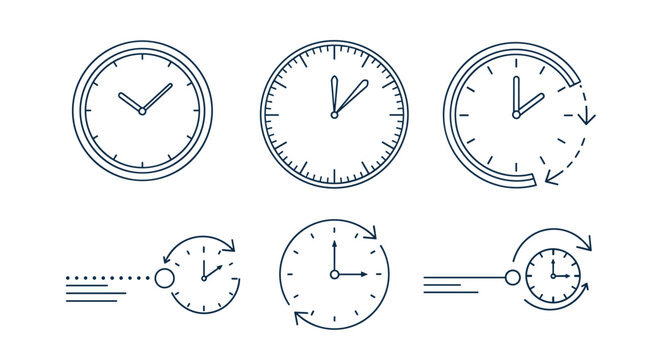 Collection of stylized clock and time management icons provides creative ways to represent scheduling and deadlines.