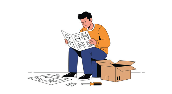 Young man sitting on floor and reading instruction manual for furniture assembly with open cardboard box and tools nearby.