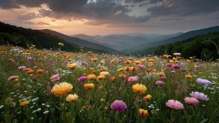 Fototapeta premium Vibrant Meadow with Colorful Wildflowers Under Cloudy Sky at Sunset in Serene Mountain Landscape