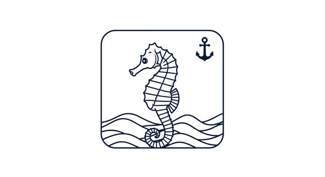 Simple line art illustration of a seahorse swimming above waves with a small anchor symbol in a minimalist square frame.