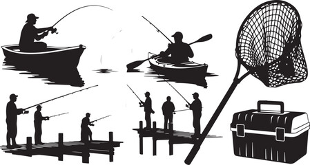 Obraz premium Fishing silhouette collection with fishermen in boats and on piers. Angling equipment set with landing net and tackle box vector. Outdoor hobby icons.