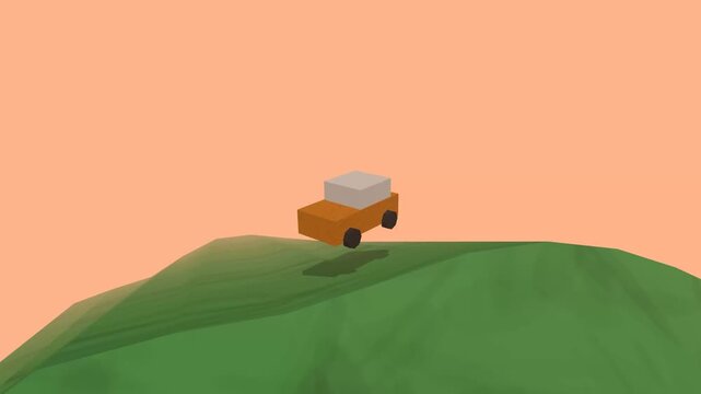 A minimalist 3D low poly animation of a small orange car driving over rolling green hills with geometric trees.