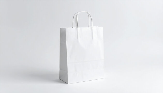 Plain white paper shopping bag with handles on a clean white background