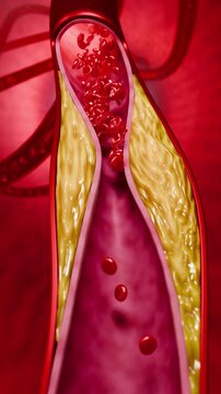 Blocked artery filled with accumulation of fat, cholesterol plaques, blood clots, unhealthy foods, and sugary beverages, illustrating risks of heart disease, stroke, and vascular damage. 3D rendering.