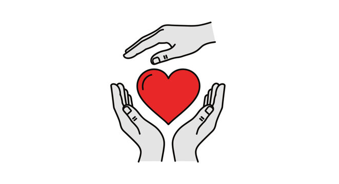 Hands holding and protecting red heart illustration, symbol of care, love, and donation