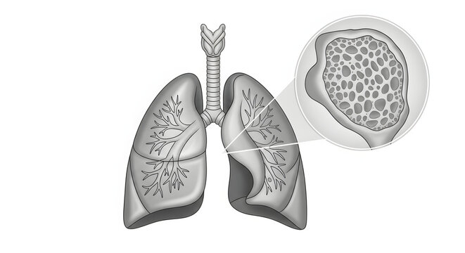 Medical illustration depicting the human respiratory system, highlighting a magnified view of damaged lung tissue indicating a severe pulmonary condition