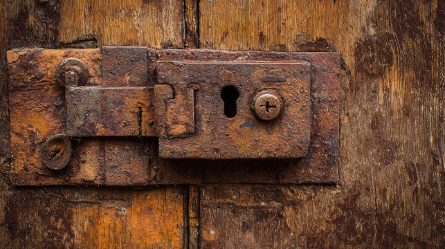 keyhole. Antique lock on weathered wooden door showing rust texture details in close-up. real-estate listings, architecture portfolios, designed for interior renovation comparisons for interiors.
