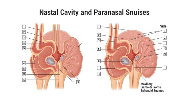 Detailed anatomical illustration showcasing the human nasal cavity and paranasal sinuses with labeled structures for medical study and education