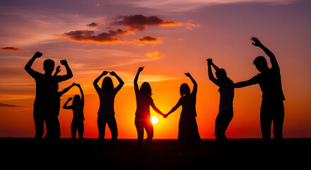 Fototapeta premium Silhouettes of friends dancing on the beach at sunset