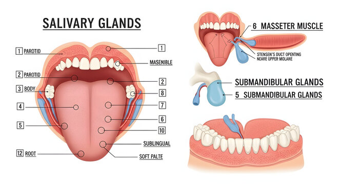 Educational diagram of human mouth anatomy illustrating detailed views of teeth, tongue, and the key salivary glands like parotid, submandibular, and sublingual