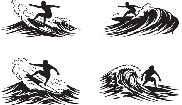 Surfing silhouettes, black wave icons, surfing vector graphics, extreme sport illustrations