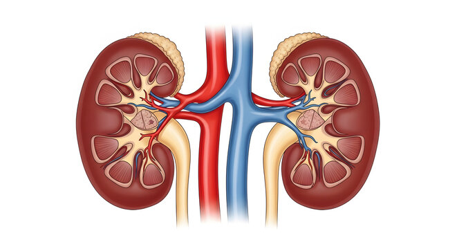 Anatomical illustration of the human kidney system, showcasing renal arteries and veins connecting to the aorta and vena cava