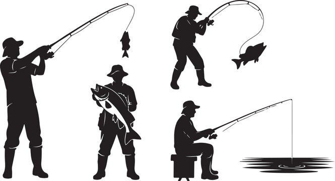 Fishing, silhouette icons, black vector graphics, fishermen illustrations, outdoor activities
