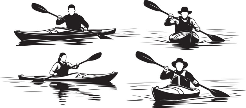 Kayaking icons, black and white vector illustrations, kayaking set, paddle boat graphics