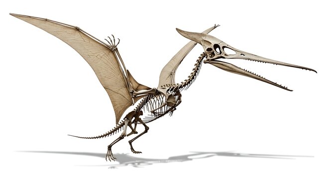 Detailed skeletal reconstruction of a Pterodactyl, an ancient flying reptile, against a white background.