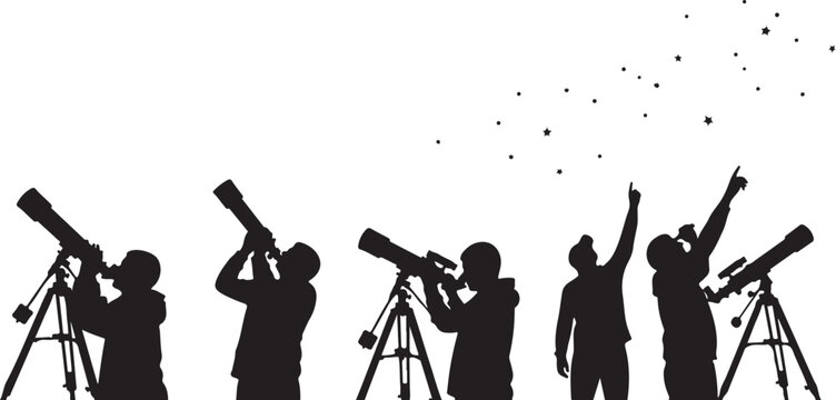 Stargazing, astronomy, telescope, silhouette icons, people looking at stars, night sky, vector graphics