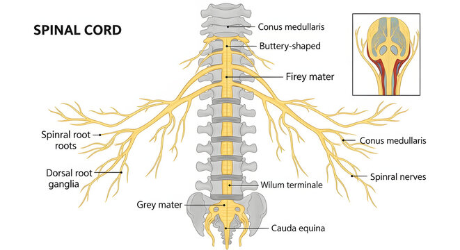 Detailed anatomical diagram illustrating the structure of the human spinal cord, including its roots, nerve pathways, and key components for medical education and research purposes
