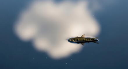 Obraz premium Small fish swimming on water surface reflecting a cloudy sky, macro nature detail