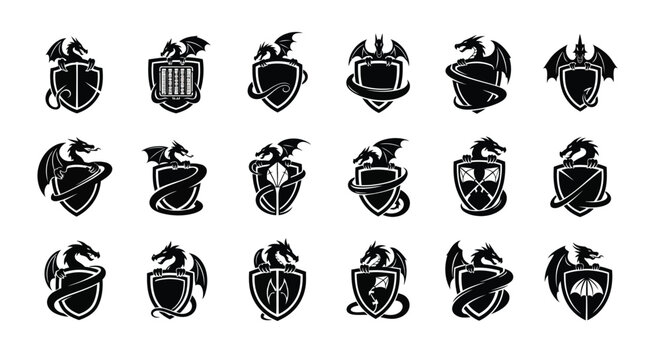 Collection of mythical dragon crests and shields black and white emblems featuring powerful fantasy creatures in various heraldic designs ideal for gaming logos fantasy art