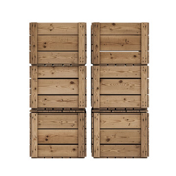 Stack of six rustic wooden crates, neatly arranged in two columns, ideal for storage, shipping, or rustic decor, on a transparent background.