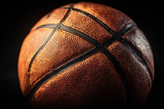 Close-up of a textured basketball showing detailed surface and seams against a dark background, highlighting its design and craftsmanship for sports enthusiasts