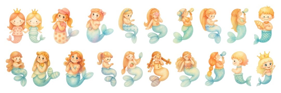 Watercolor Cute Mermaid Characters and Princesses Collection Isolated on White Background