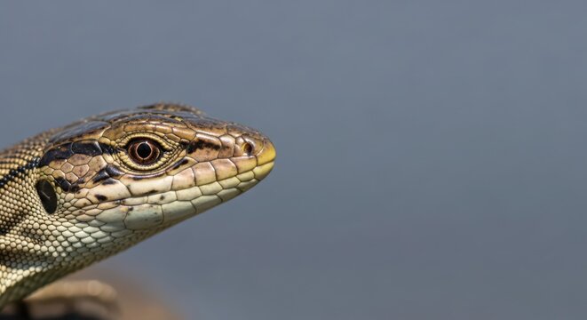 Detailed macro photograph of a lizard's head, showcasing its textured scales and watchful eye against a blurred natural background.