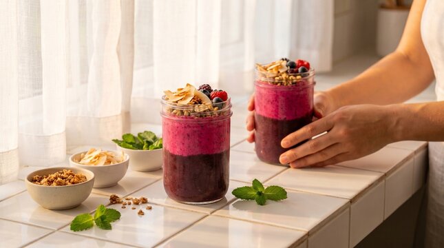 Healthy Plant-based Food Us Uk Aca? and Pitaya Smoothie in Two Glasses with Layered Co