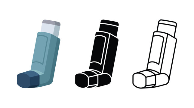 Medical asthma inhaler vector set with flat solid and outline design for respiratory aid.