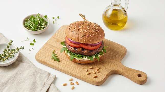 Healthy Plant-based Food Us Uk Stacked Portobello Mushroom Burger with Vegan Mayo, Aru